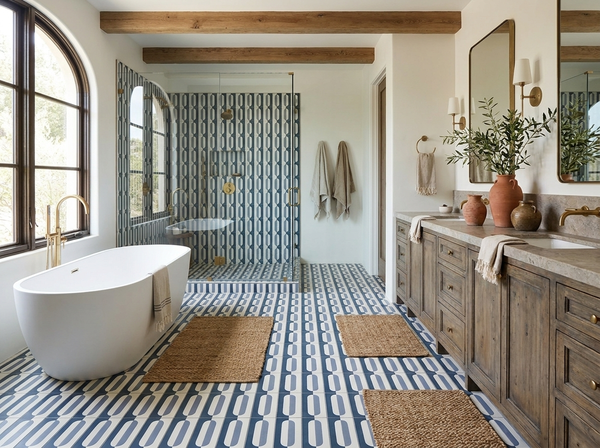 Blue and white Moroccan cement tile floor in a modern bathroom with brass accents