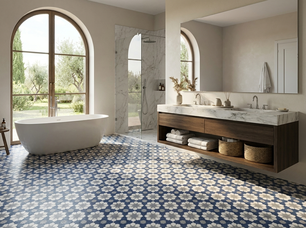 In-stock cement tile samples alongside custom pattern drawings and color swatches for a design consultation