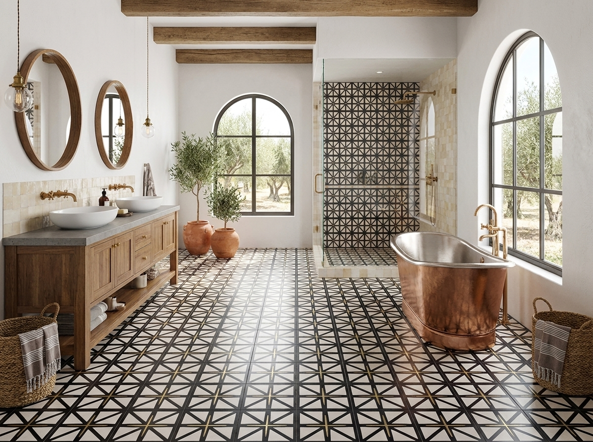Brass Traverser 01 cement tile bathroom