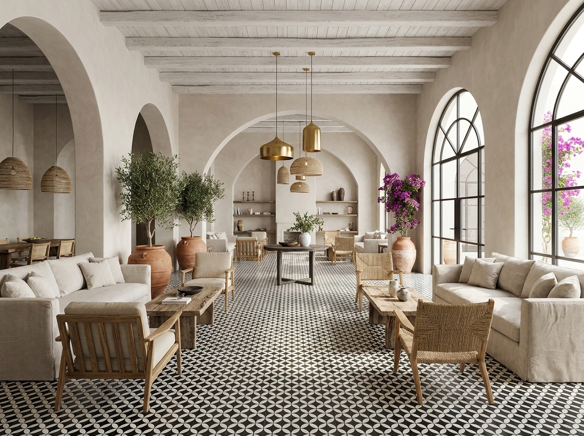 Circulos II Black 01 cement tile hotel lobby