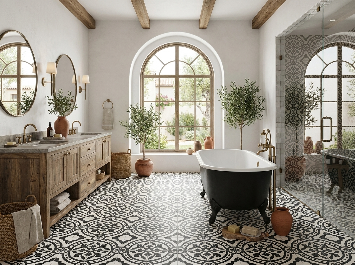 Tyler II Black 01 cement tile bathroom