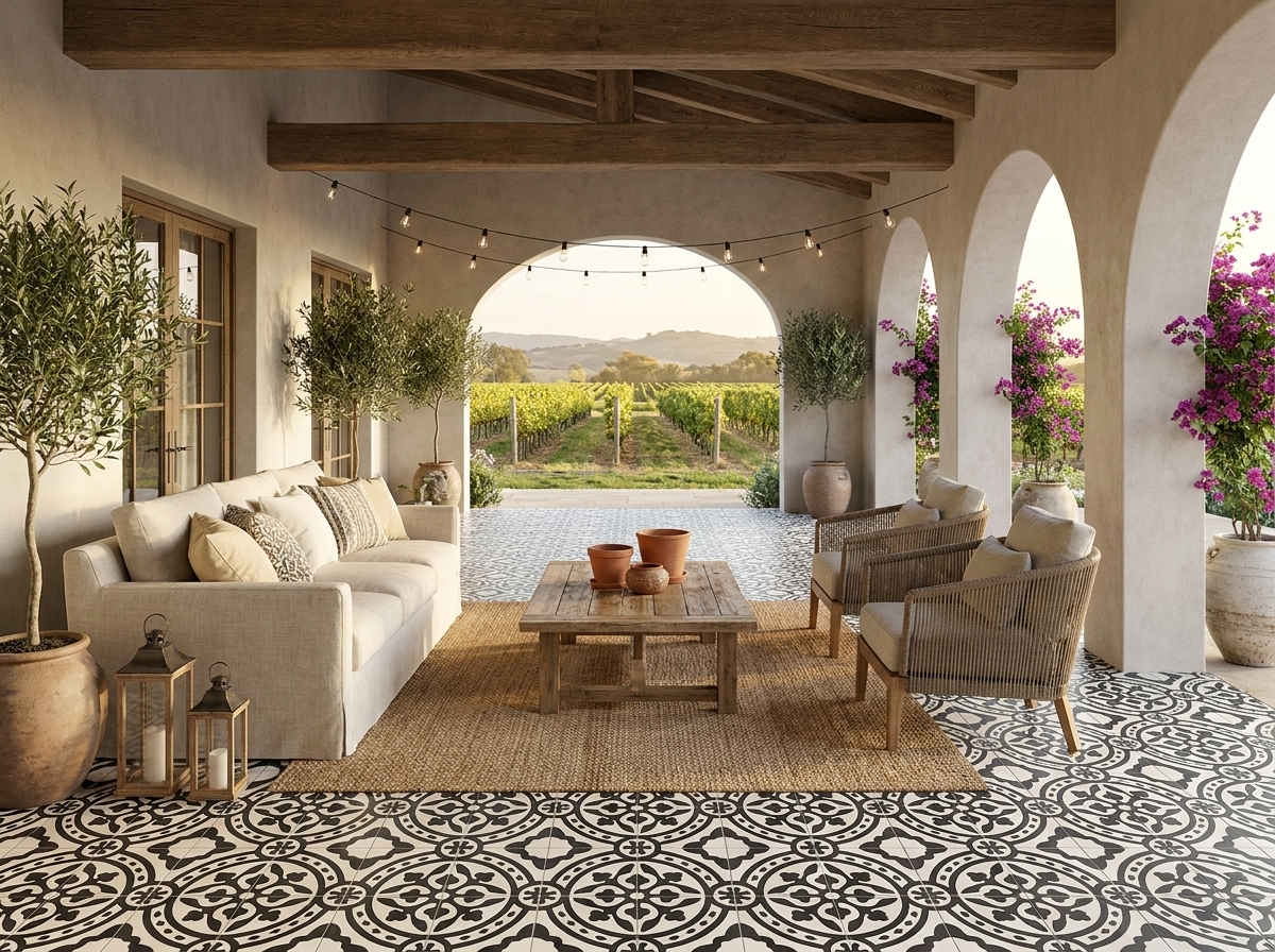 Tyler II Black 01 cement tile terrace
